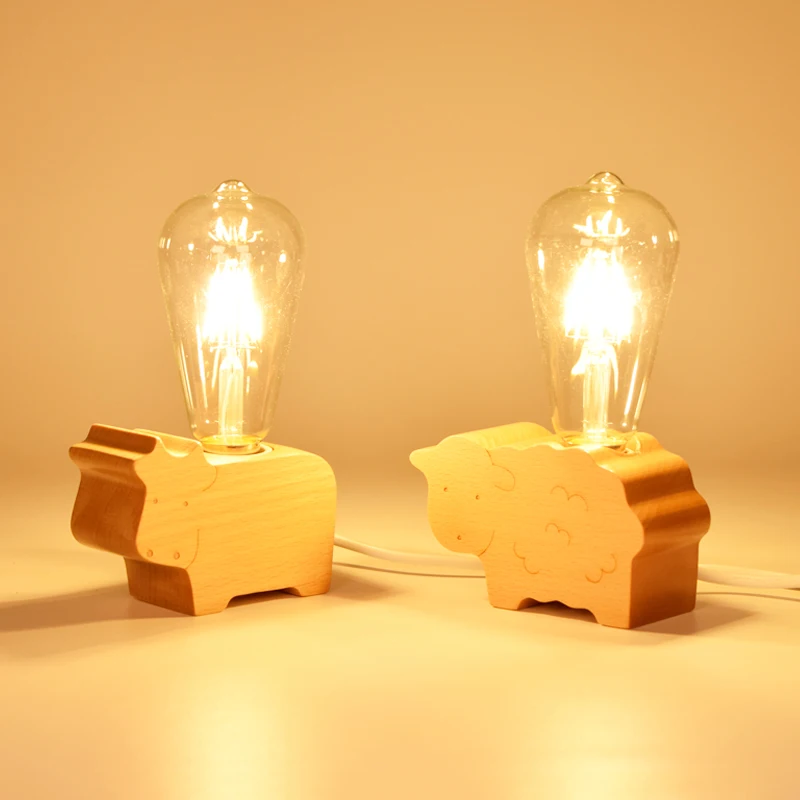 Настольная лампа с милыми животными Деревянный светильник для стола корова