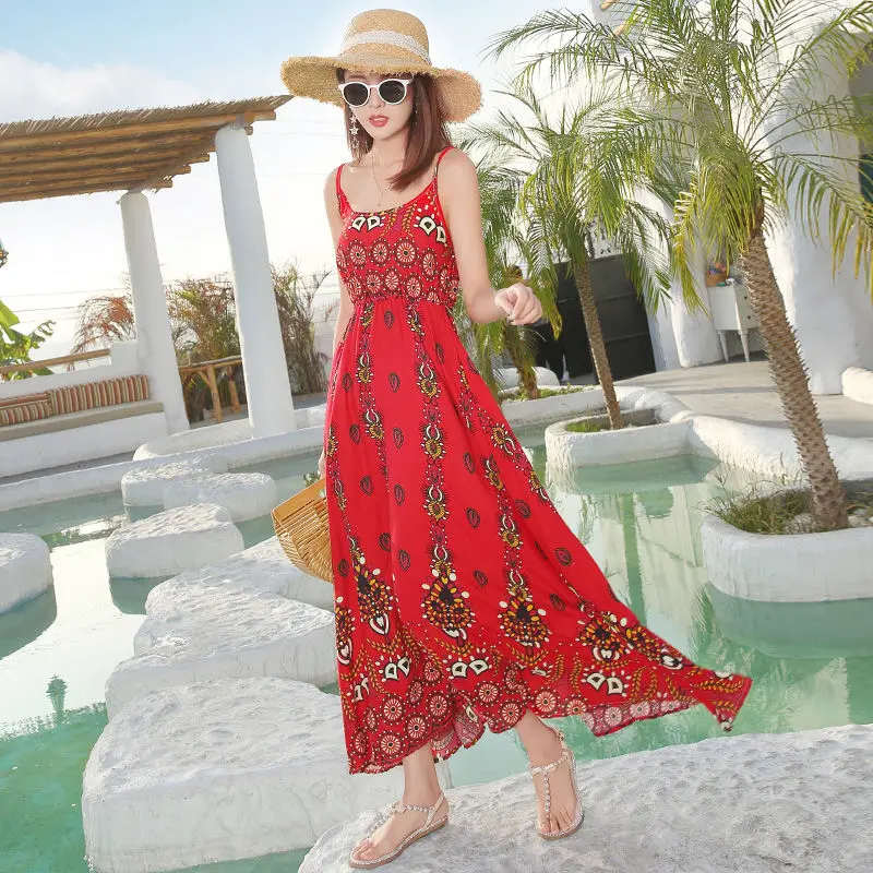 

2021 Summer New Cotton Silk Print Suspender Over Knee Red Sexy Maxi Dress Women's Bohemian Holiday Long Skirt Vestido Vfemage