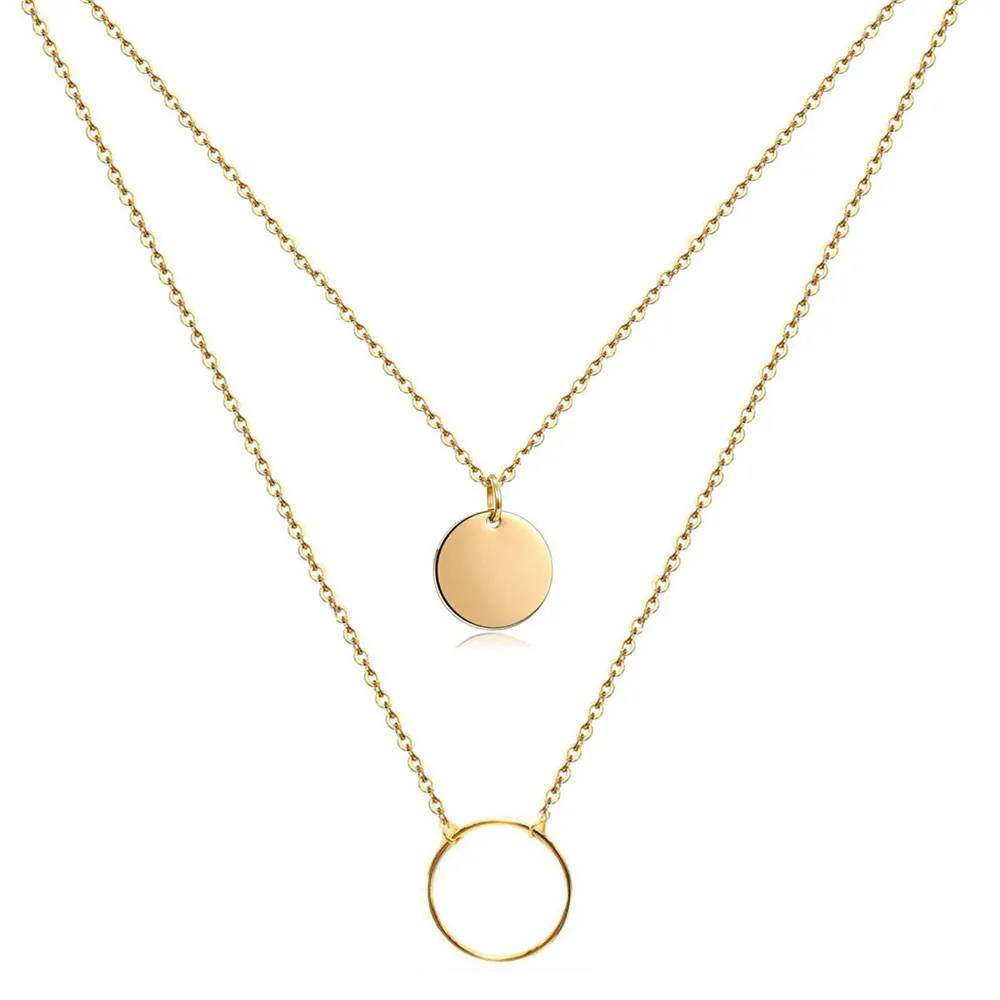 gold color Двухслойное ожерелье из нержавеющей стали с круглой полой круглой подвеской для женщин, элегантное ожерелье с ключицей, свадебные ювелирные изделия - Окраска металла: gold color