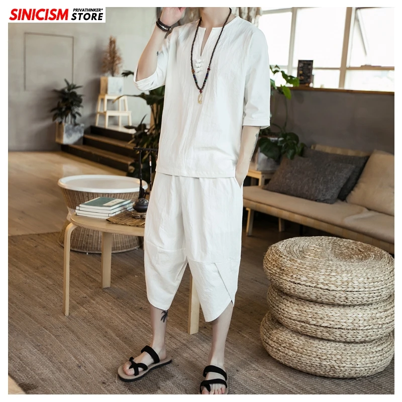 Мужской летний спортивный костюм Sinicism Store однотонные белые льняные шорты в