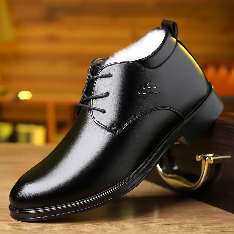 

Мужские кожаные ботинки на шнуровке, черные теплые ботинки с высоким берцем, водонепроницаемые деловые классические ботинки на флисе, для з...