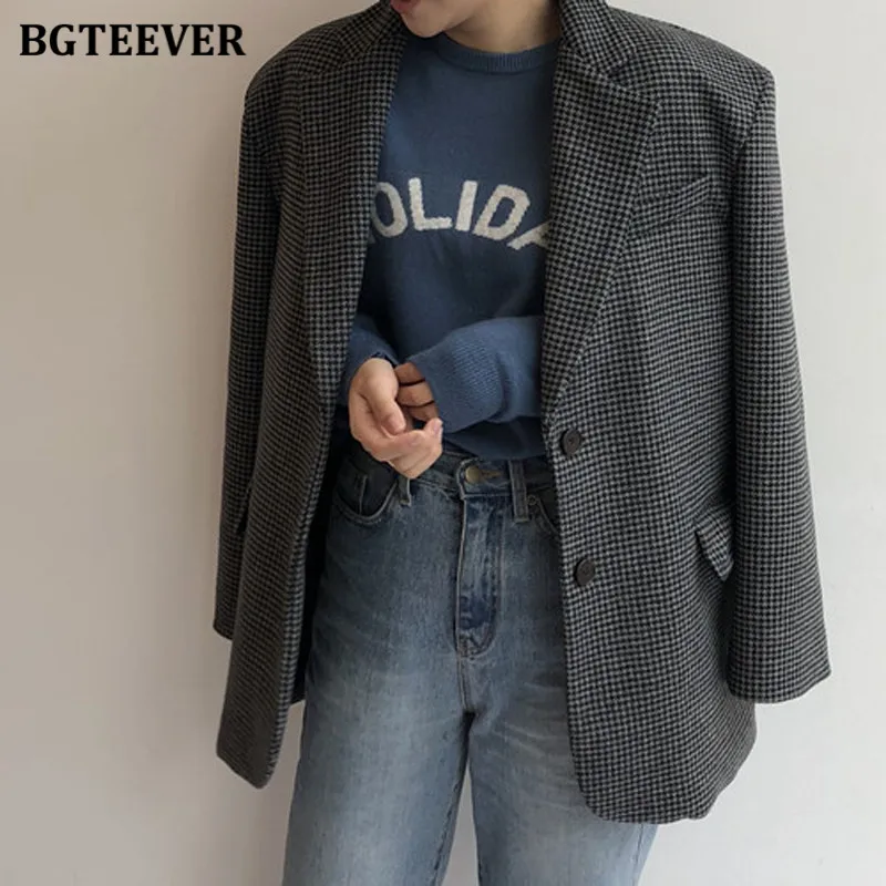 

BGTEEVER Chic Vintage Thicken Warm Loose Women Woolen Coats Elegant Single-breasted Lace-up Plaid Female Blend Jacket 2021