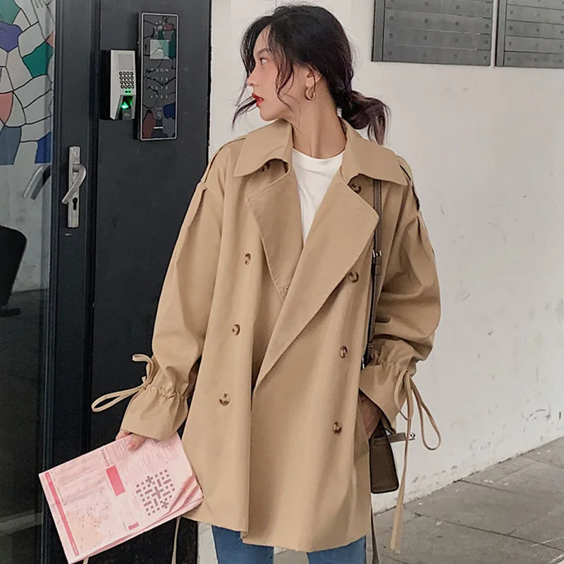 

Korean Elegant Khaki Trench Coat Plus Sashes Women Autumn New Epaulet Double Breasted Lapel Long Sleeve Loose Casual Windbreaker