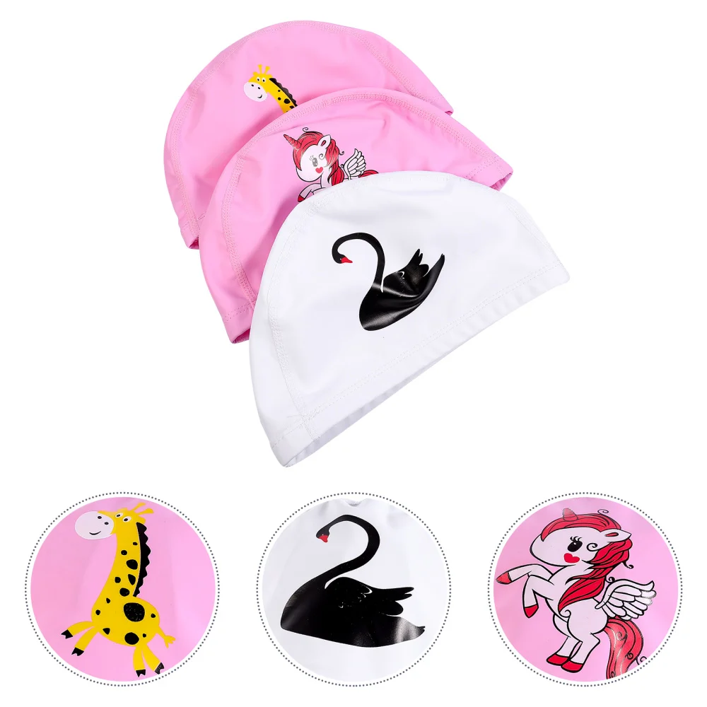 

3pcs Kids Cartoon Printed Polyester Swim Cap Ear Protection Hats Swimming Caps