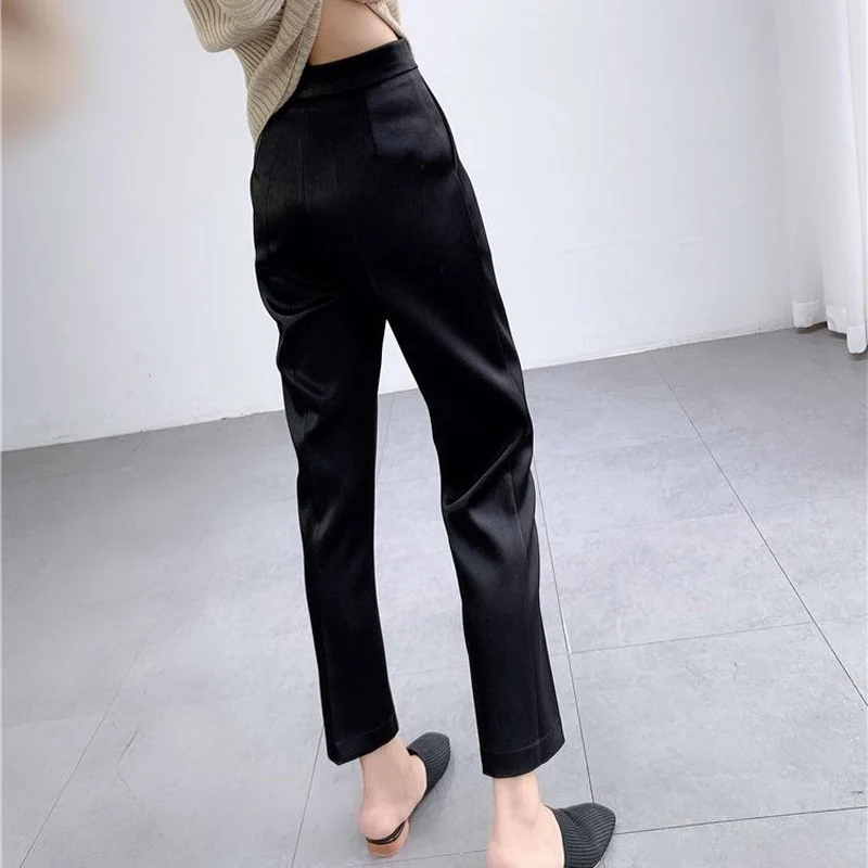 

MAZEROUT Casual High Waist Pencil Pants Women Ankle Length Office Lady Pants White Zipper Suit Trousers Straight Leg Sashes 3XL