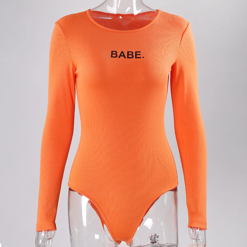 Sexy Letter Babe Bodysuit Women Long Sleeve Stretch Leotard Top Skinny Cotton Jumpsuits Rompers Black Orange White