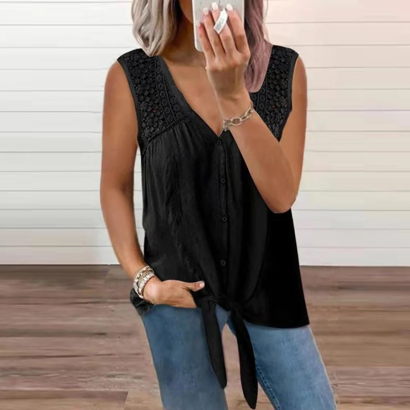 

Women Sexy V-Neck Button Lace-Up Blouse Shirts 2021 Summer Elegant Sleeveless Lace Pactwork Tops Female Casual Loose Blusa 3XL