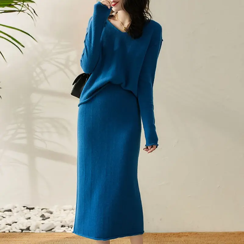 

Korean Style Sweater Skirt Suit Women 2021 Autumn and Winter New Cashmere V-neck Sweater Fashion Two-piece Suit Y280