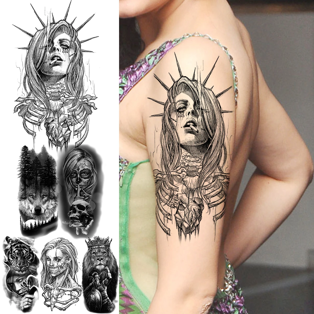 

Black Vampire Scary Skeleton Temporary Tattoos For Men Adult Wolf Tiger Lion Warrior Realistic Fake Tattoo Halloween Skull