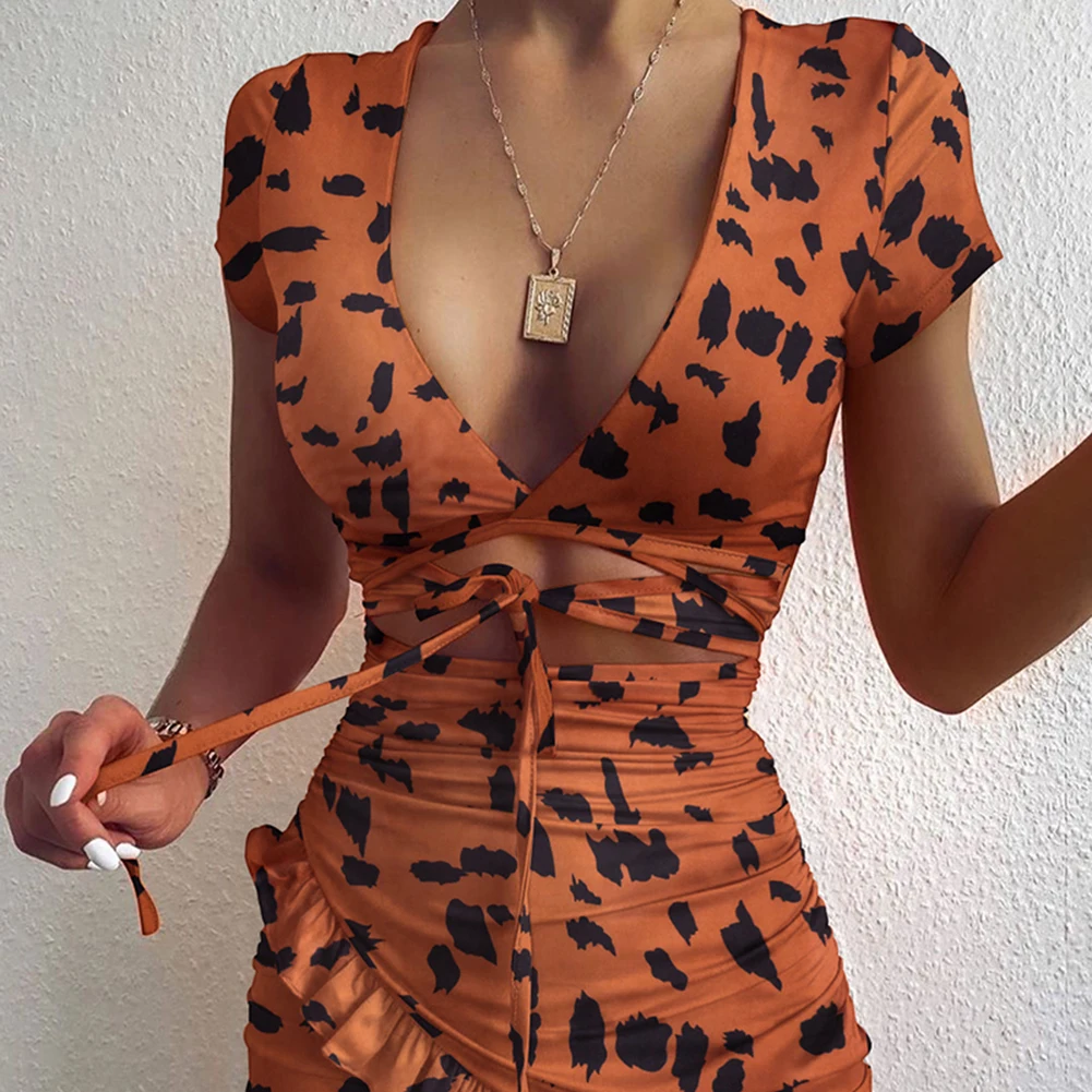 

Slim Fit Fashion Bohemian Dress Women V-Neck Short Sleeve Lace Up Bohemian Floral Print Irregular Midi Dress Print Dress Streetw