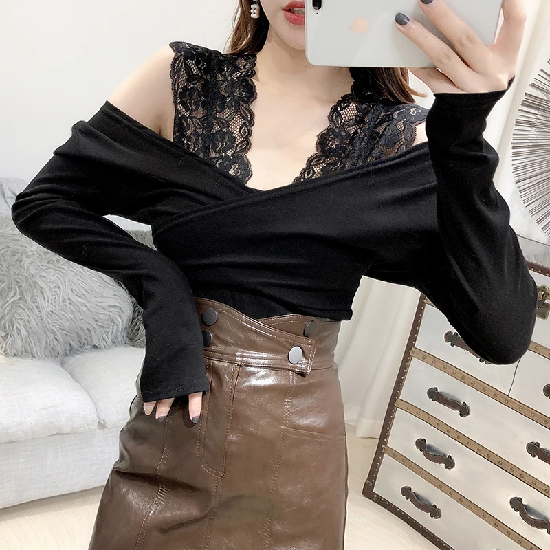 ALPHALMODA 2019 зима новая Корейская Сексуальная кружевная тонкая футболка с v-образным