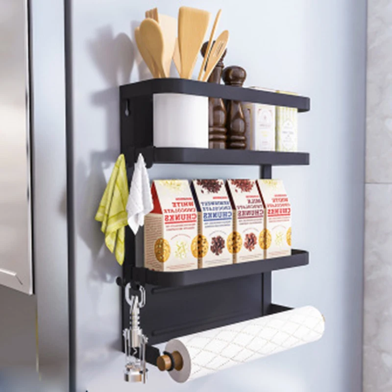 

Foldable Refrigerator Organizer Magnetic Fridge Spice Rack Paper Towel Holder Multi-purpose Kitchen Storage Shelf L23