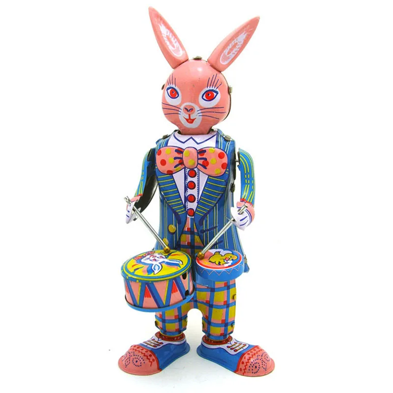 Clown Drumming Rabbit Tin Toy 21cm Childhood Clockwork Winder Vintage Handmade Collection Home Action Figure Metal Wind Up Toys | Игрушки и