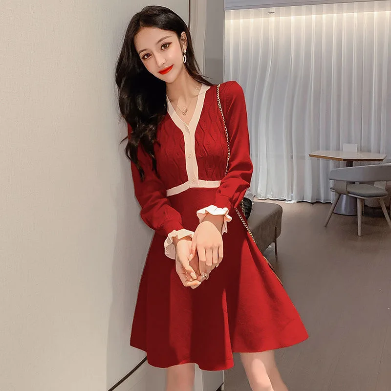 

Winter Knitted Dress Women Elegant V-Neck Button Office Sweater Mini Dress Casual Long Sleeve One Piece Dress Korean 2021 Autumn