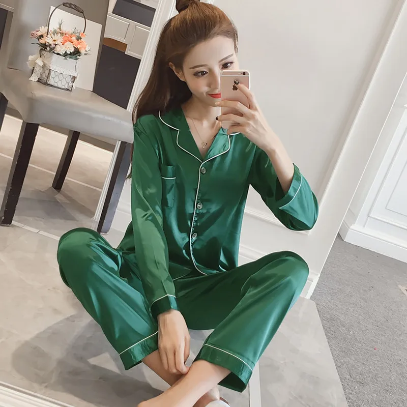 

Autumn Pyjamas Women 2020 New European American Faux Silk Long-sleeved Cardigan Pajamas Simple Home Clothes Two PCS Lounge Wear