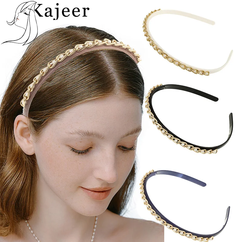 

Kajeer New Fine-Edge Chain Pearl Hair Hoop Wavy-Edge Chain Hand Band Women’s Fashion Hair Accessories Pure Color Scrunchies