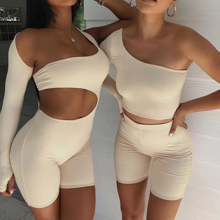 

Women's Jumpsuit Summer 2021 New Long-Sleeve Sexy Hollow Sports One-Shoulder Long Sleeve Shorts Jumpsuit Casual Sexy Streetwear