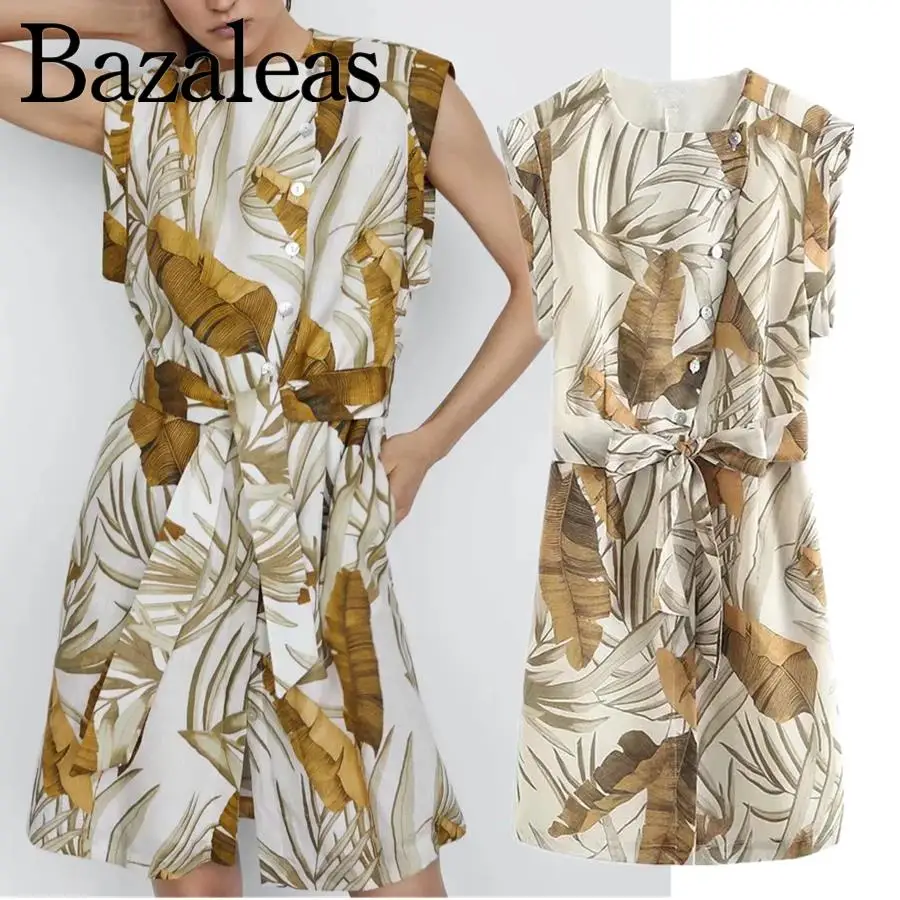

Мини-платье Bazaleas с поясом для вечеринки, женские платья, Винтажные льняные платья с тропическим принтом