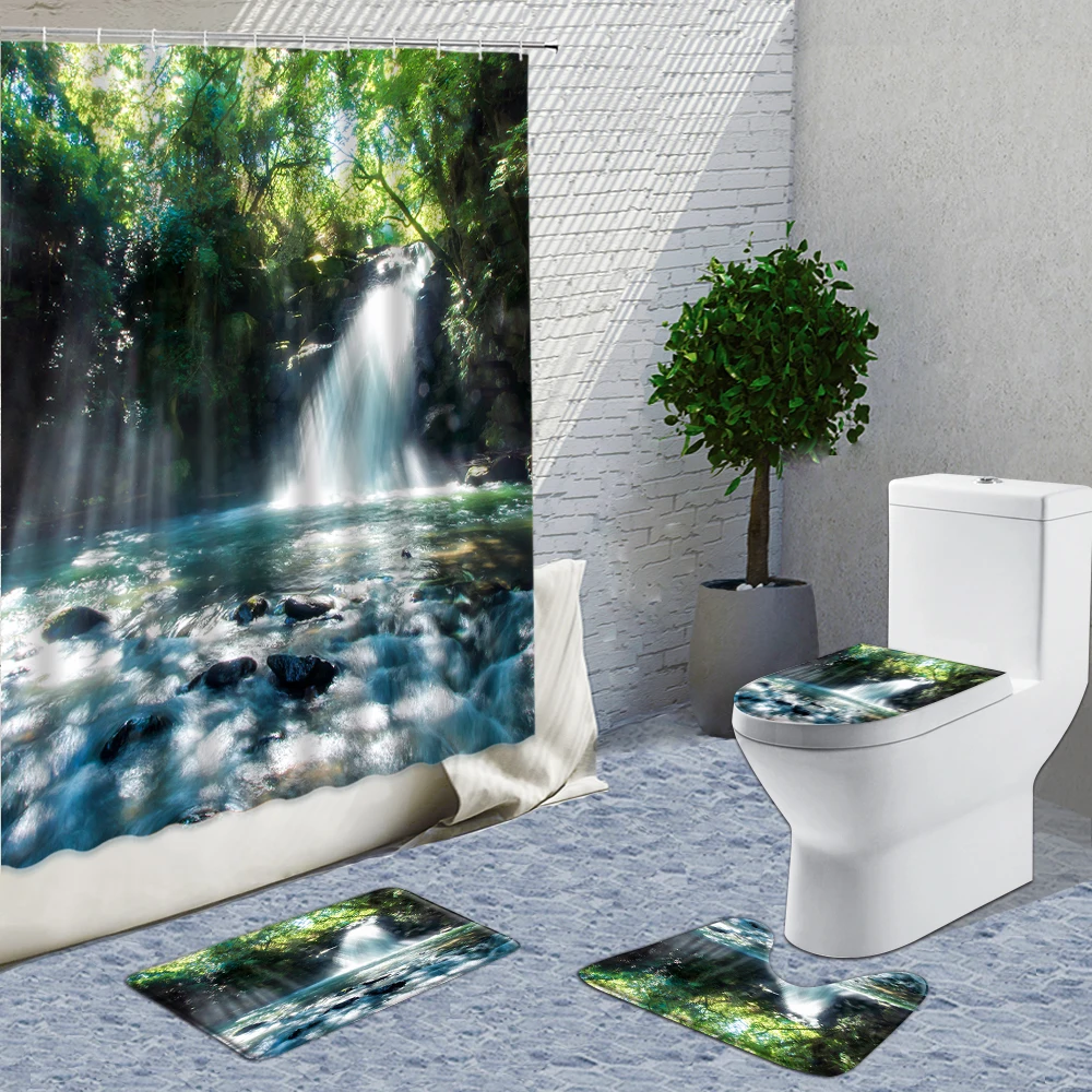 

3D Waterfall Scenery Waterproof Shower Curtain Fabric Bathroom Landscape Trees Flower Bath Mat Set Pedestal Rug Lid Toilet Cover