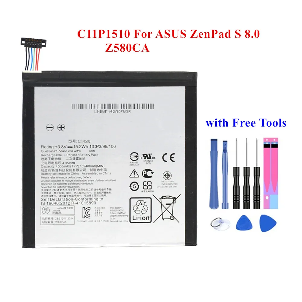 

Новый аккумулятор для планшета C11P1510 для ASUS ZenPad S 8,0 Z580CA 3948/4000 мА/ч, аккумуляторная литий-полимерная батарея с инструментами