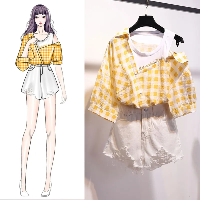 Женский комплект из 2 предметов клетчатая Сексуальная рубашка на плечо и шорты с