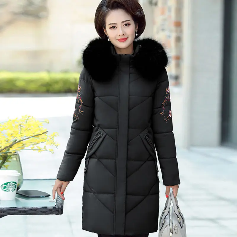 

2020 New Mother Winter Down Cotton Jacket Long Section Thickening Warm Coats Winter Ladies Embroidery Parka Mujer Jaqueta f2287