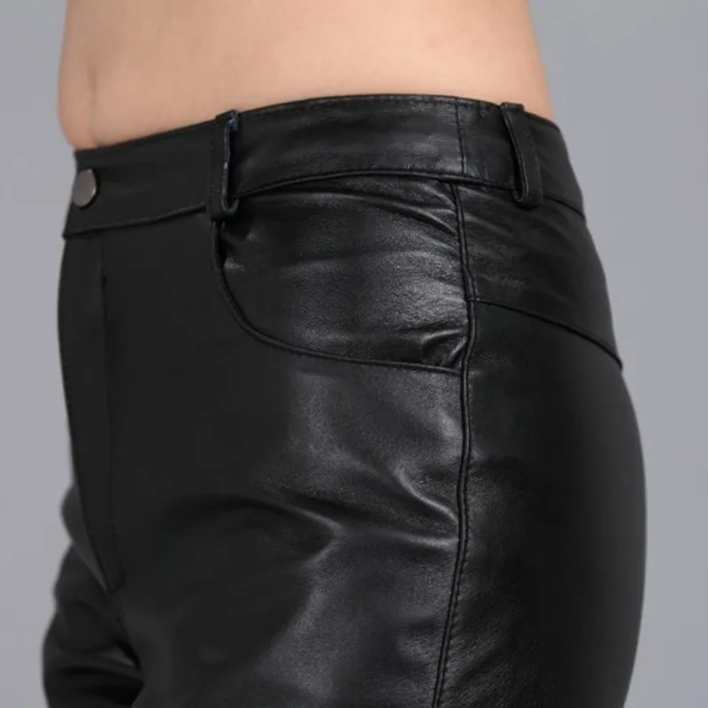 

Leather Brand Womens Genuine Pants 2021 Slim Fit Fashion Sheepskin Flare Trousers Designer Office Lady Black Pants Plus Size