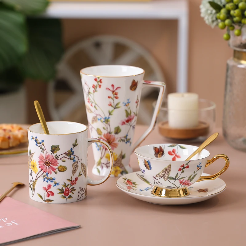 

Luxury Small Cuihua Bone China Coffee Cup Saucer Mug English Afternoon Teacup Tazas Ceramic Drinking Home Wedding Gift