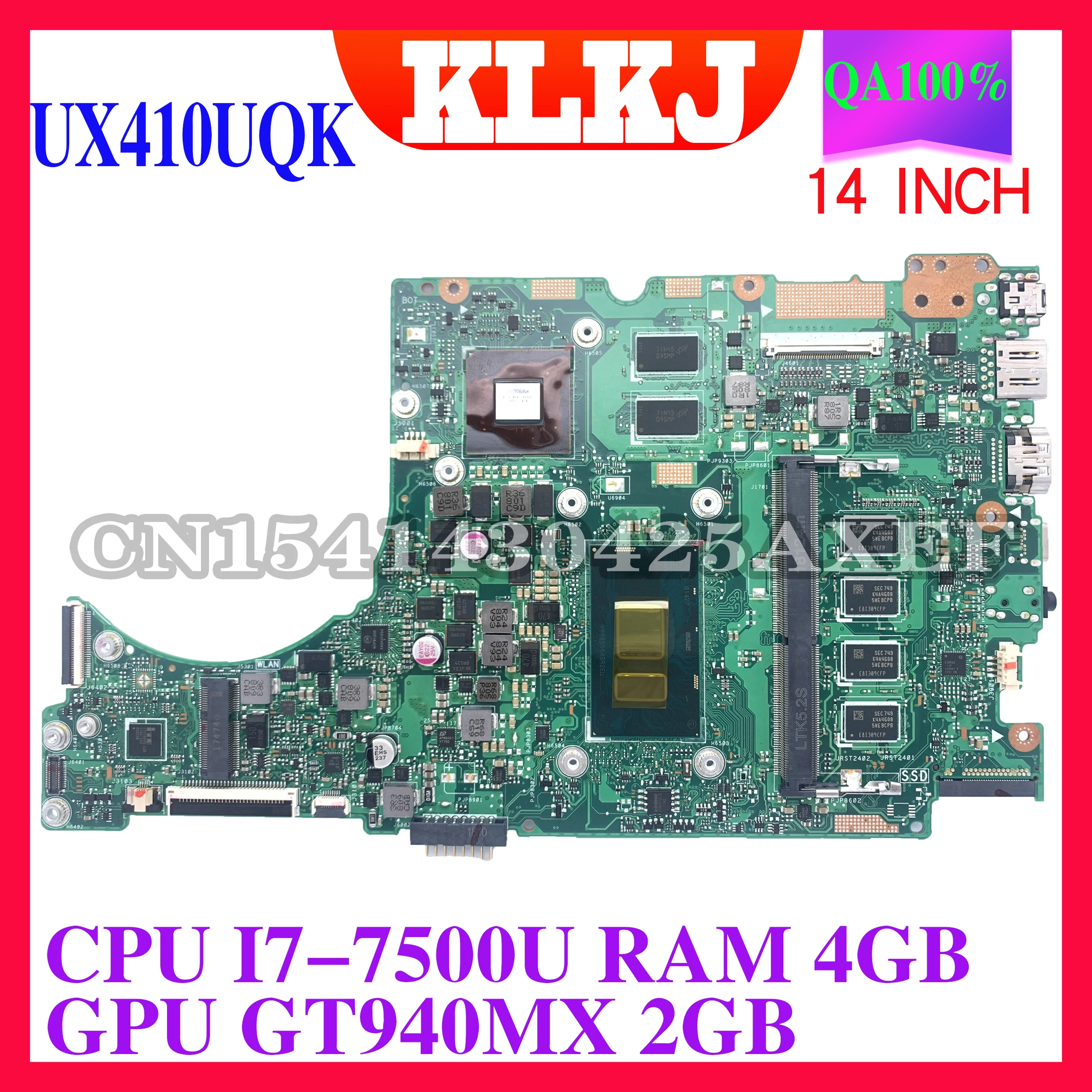 

KLKJ UX410UQK(14 inch Laptop motherboard for ASUS UX410UQ UX410U UX310U original mainboard 4GB-RAM I7-7500U GT940MX-2GB
