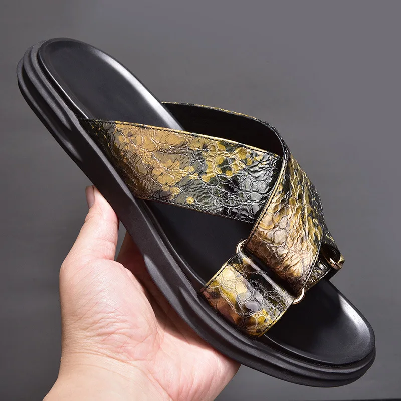 

New Style Summer Genuine Leather Sandals Men Runway Vintage Non-Slip Beach Slippers Comfortable Casual Footwear Flat Sandals