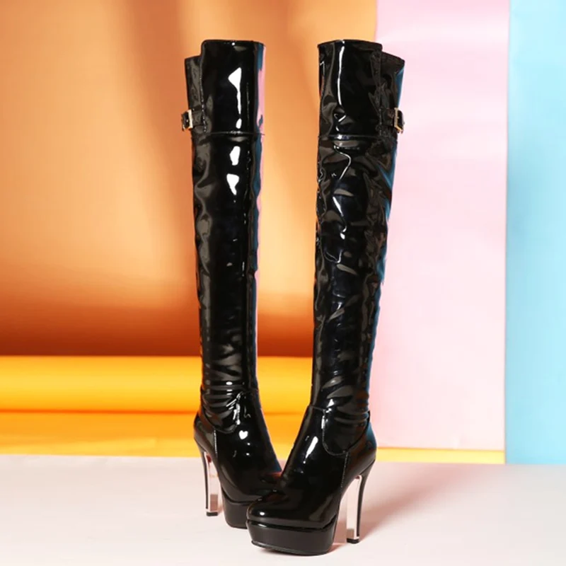 Ботфорты женские из лакированной кожи высокие сапоги выше колена на платформе и