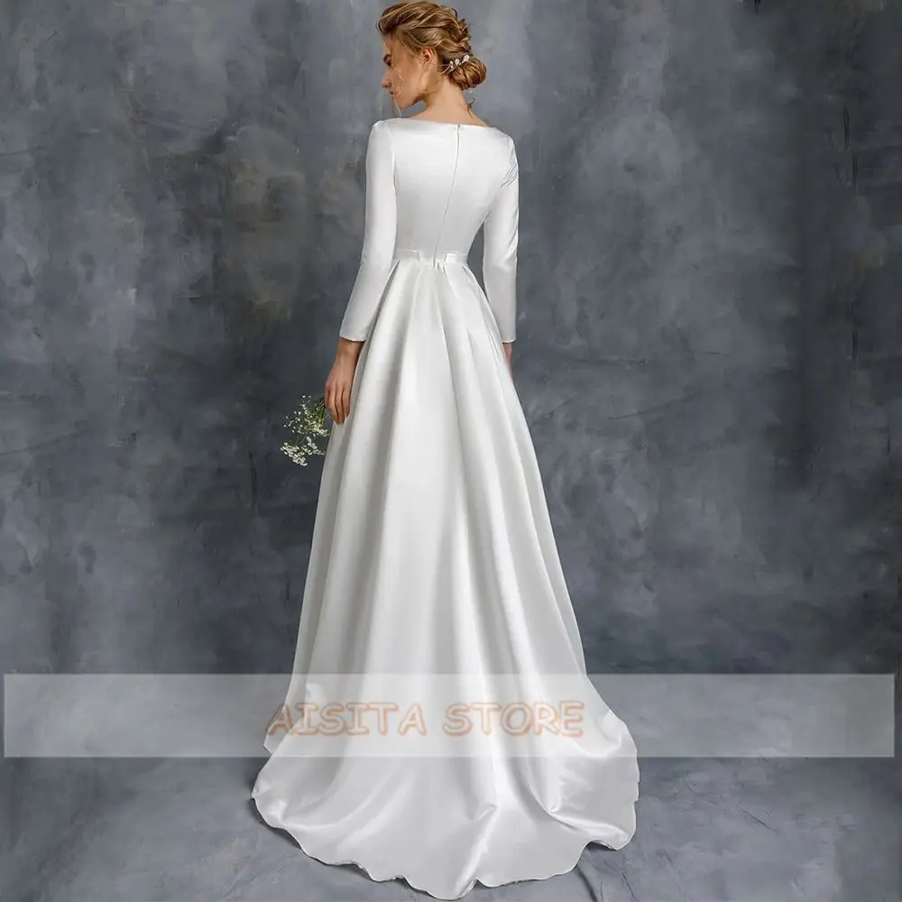 Simple White Weddding Dresses 2021 Classic Beading Scoop Neck Long Sleeve Satin Sweep Train A Line Bridal Gowns Custom Made