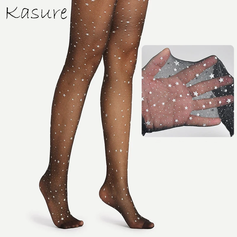 

KASURE New Fashion Starry Star Women’s Sheer Black Micro Mesh Legging Transparent Star Printed Patterned Tights For Young Lady