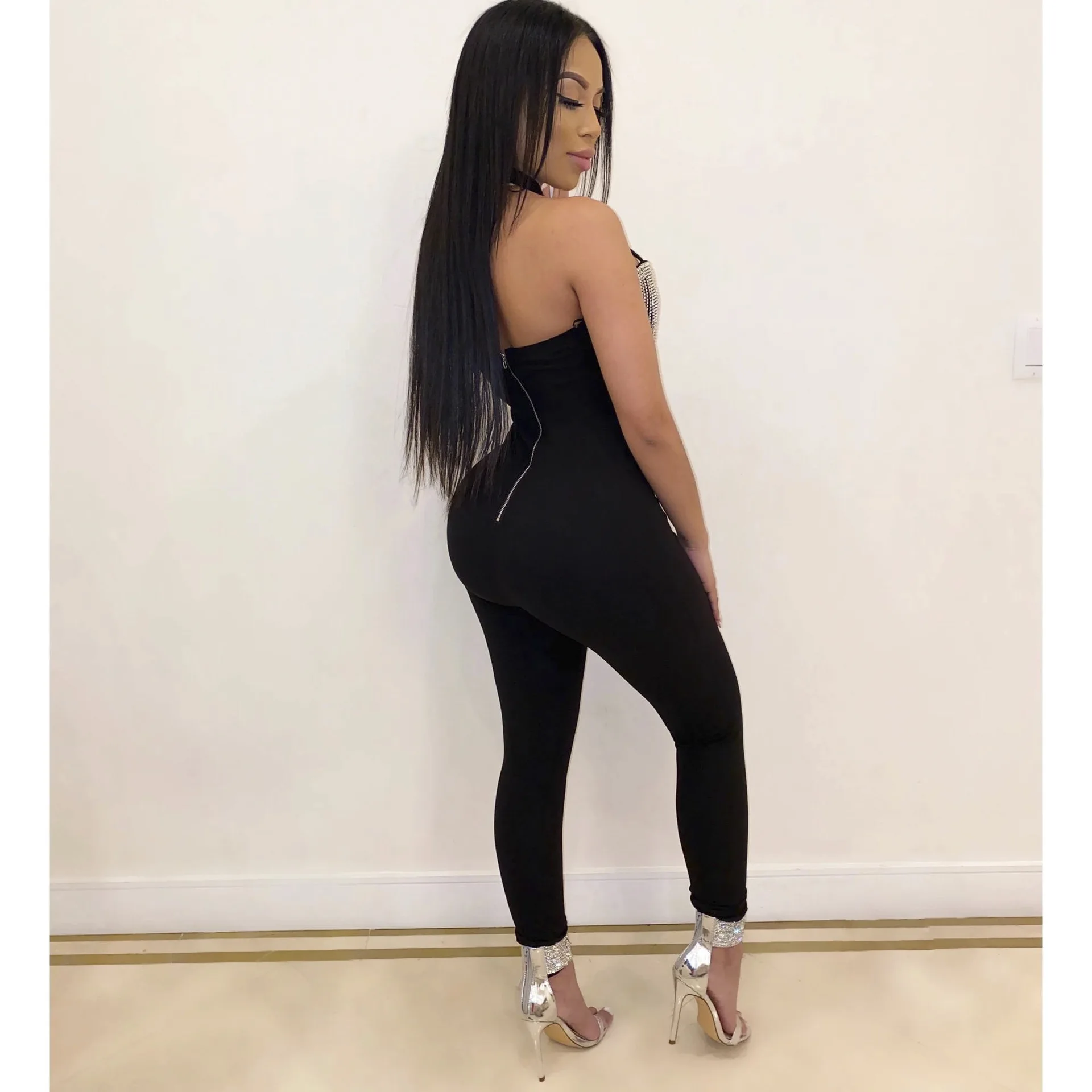 

Charming chain bandage jumpsuit designer ladies fringed rayon Bodycon Club open back sexy nightclub crystal gorgeous jumpsuit