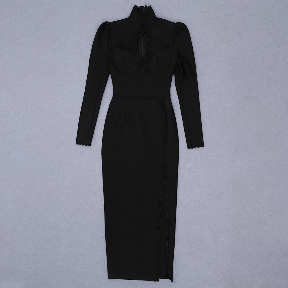 

Sale Women Sexy Designer Long Sleeve Split Long Black Bodycon Bandage Dress High Street Celebrity Evening Celebrity Party Dress