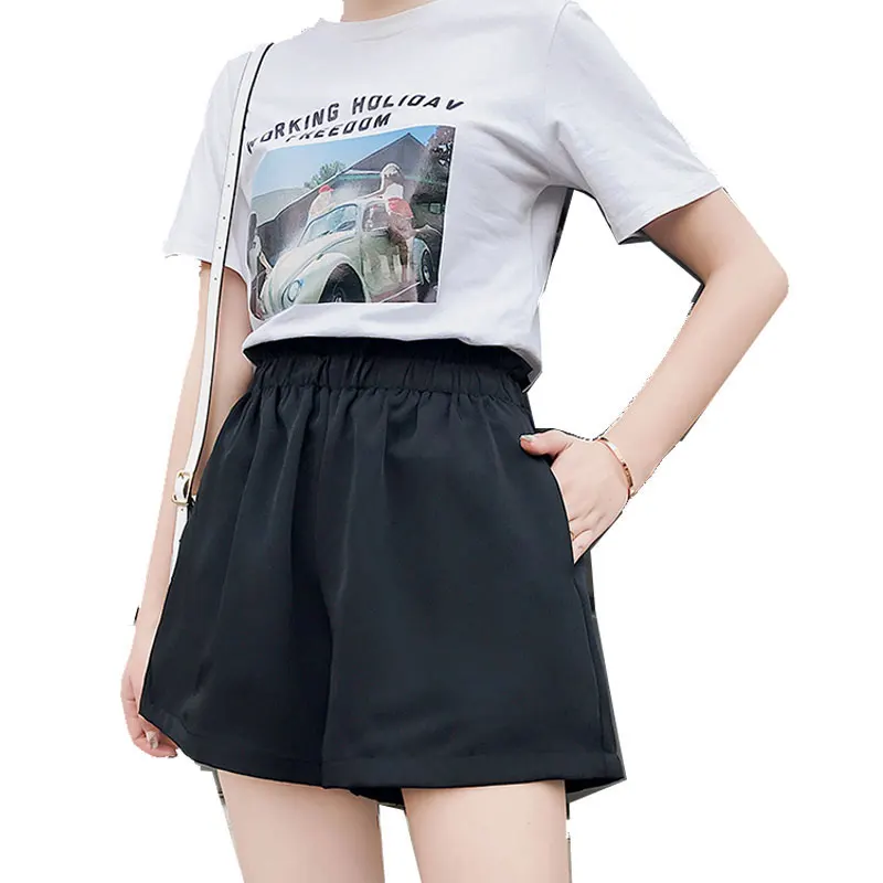

Summer Chiffon Elastic Waist Shorts Korean Style Ladies High Waist Straight Pockets Shorts Casual Loose Short Pants For Women