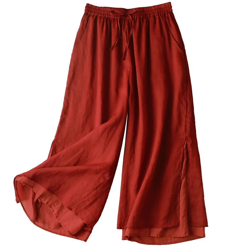 

SHUCHAN Cotton Ramie Woman Pants Calf-Length Pants Summer Casual Regular Elastic Waist Solid Wide Leg Pants