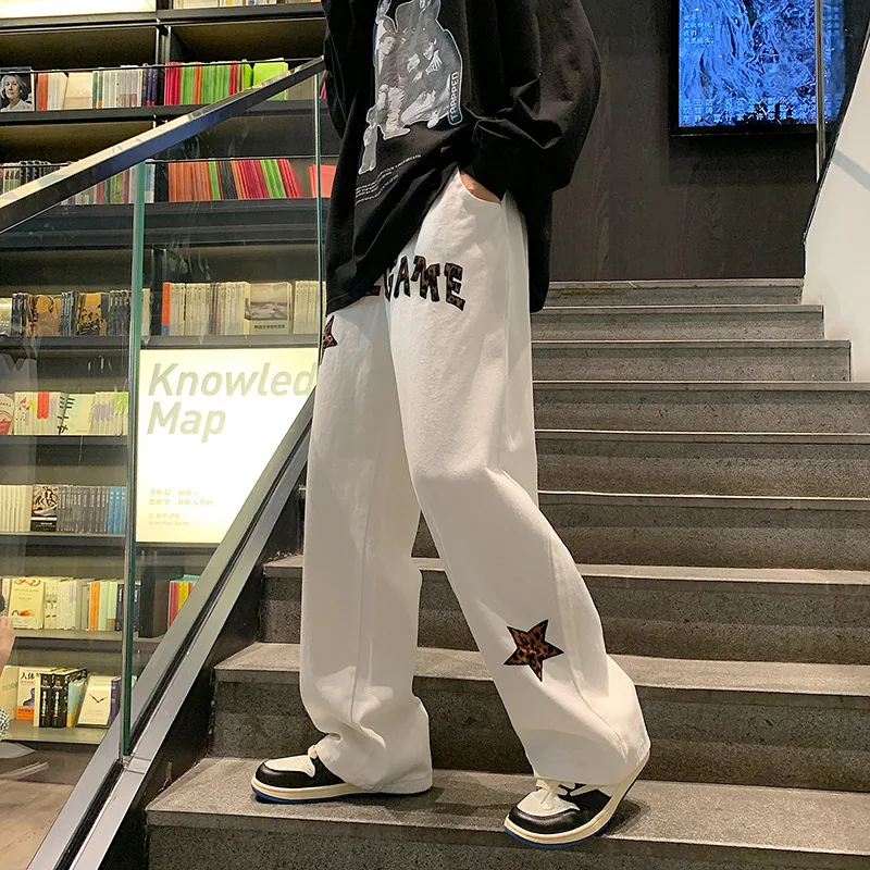 

Fashion Brand Jeans Men's Trend Printing Straight Loose Wide-leg Pants Hip-hop Style Cropped Trousers Street Men джинсы мужские