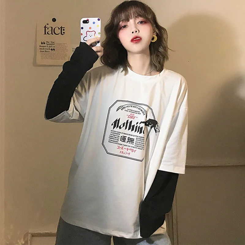 

Женская футболка в Корейском стиле, свободная футболка из двух предметов в стиле BF Laziness , тонкие топы с длинными рукавами феи на раннюю осень...