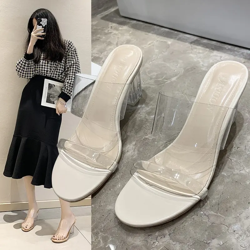 

Summer High Heels Women Sandals Transparent Crystal Shoes Transparent Ladies Sexy Square Toe Beach Slippers Fairy Shoes