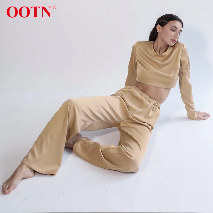

OOTN хаки Черный Повседневный Женский костюм с высокой талией, брюки, укороченный топ, рубашка, комплект из двух предметов, 2022, спортивная одеж...