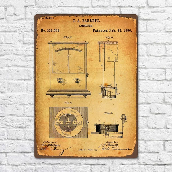 

Metal Plaque Ammeter 1886 Patent Poster Tin Sign Corridor Pub Garage Carport Home Wall Decoration Retro Metal Plate 12*8 Inch