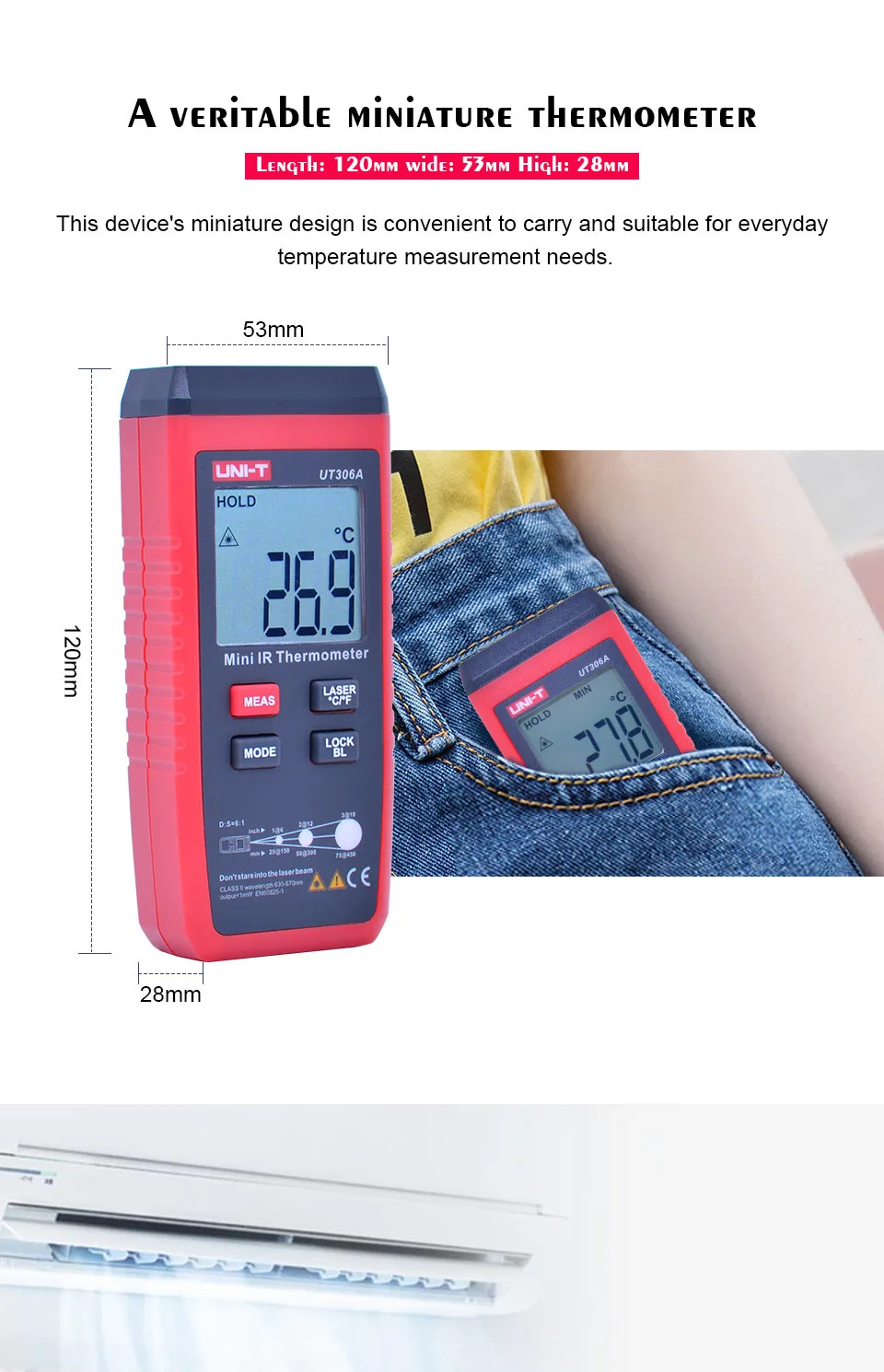 UNI-T UT306A Мини Инфракрасный термометр-35~ 300C-31~ 572F цифровой ИК-тестер температуры с удержанием данных и ЖК-дисплей с подсветкой