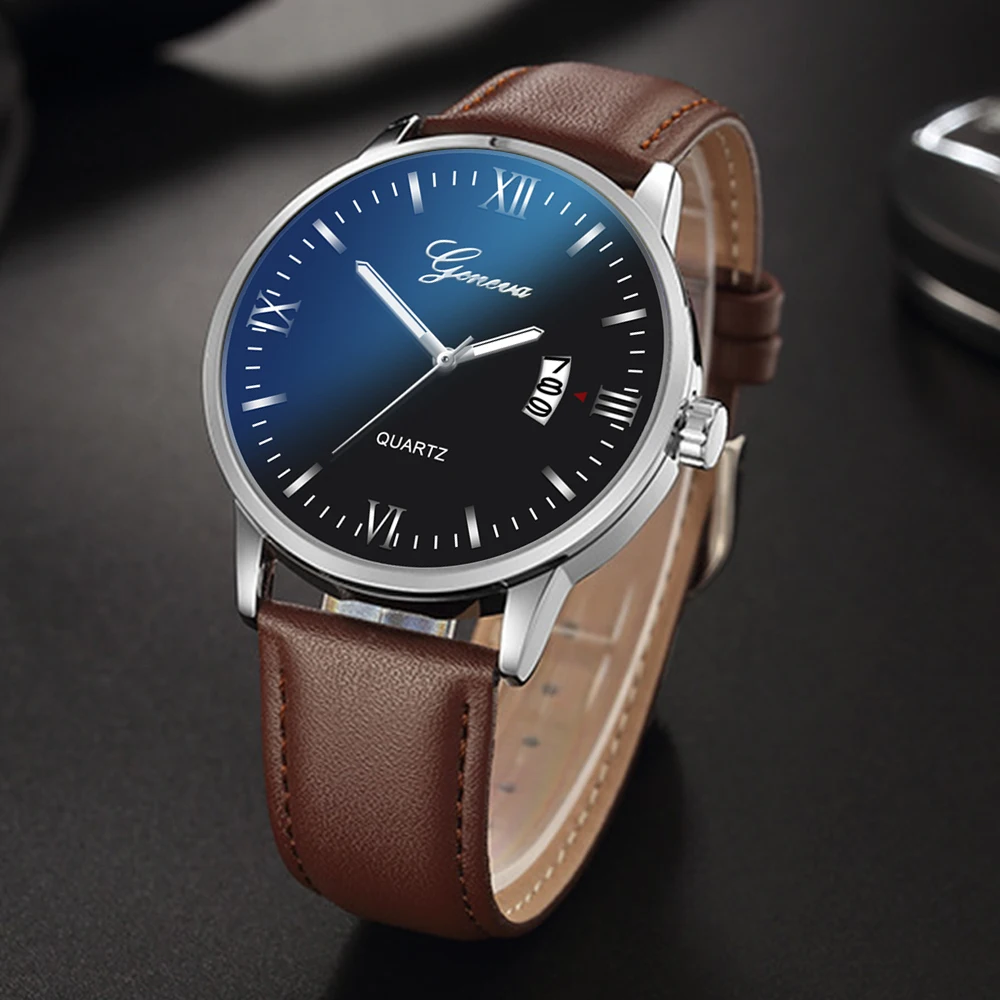 GENEVA мужские часы тонкий кожаный ремешок спортивные с календарем модные Топ бренд