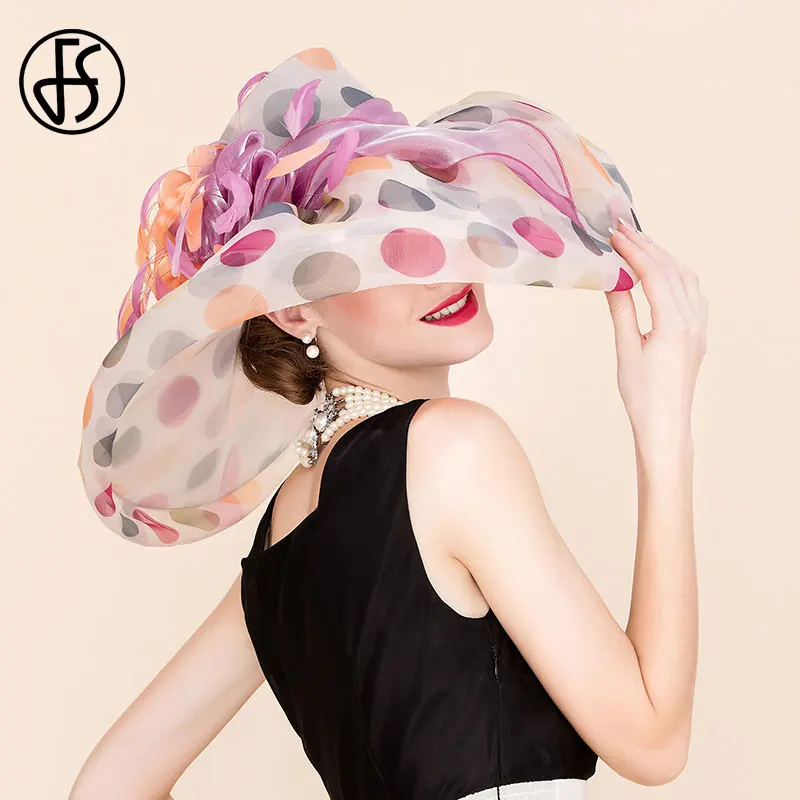 Женская пляжная шляпка от солнца FS розовая Шляпка из органзы в горошек с большими