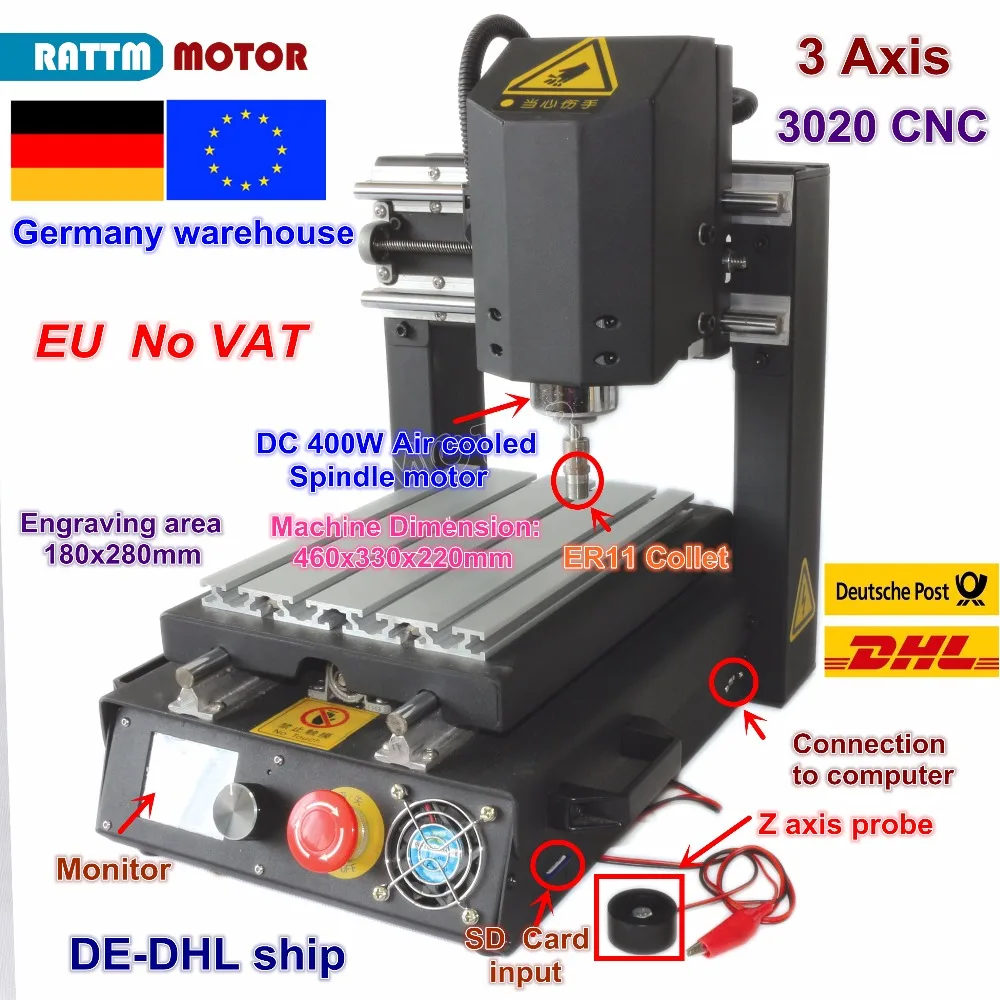 DE free VAT Desktop 3 Axis 2030 CNC Router Engraving Milling Machine with Emergency stop High-strength steel + 400W Spindle