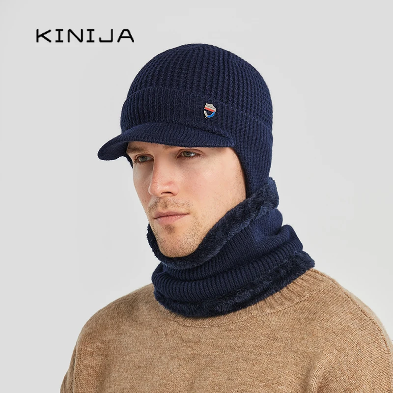 Winter men Skullies Beanie Hat fishing Warm Baseball Cap Windproof ear protection Cap Balaclava Gorras Bonnet Knitted Hat+scarf