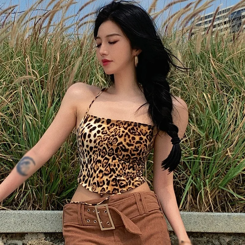 

2021 Summer Women's Leopard Halter Slim Sexy Backless Bandage Exposure Navel Camisole Crop Top