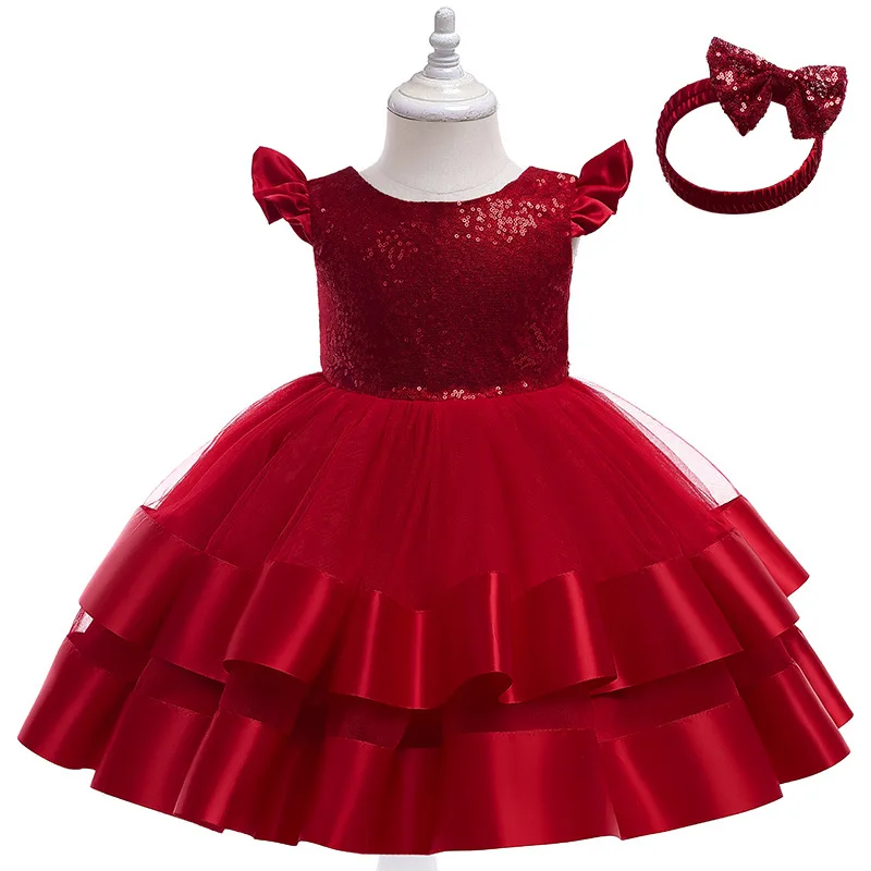 

Christmas Dresses for Baby Girls Elegant Evening Dresses Sleeveless Bowknot Sequin Tutu Dress Headbands Kids Children's Clothing