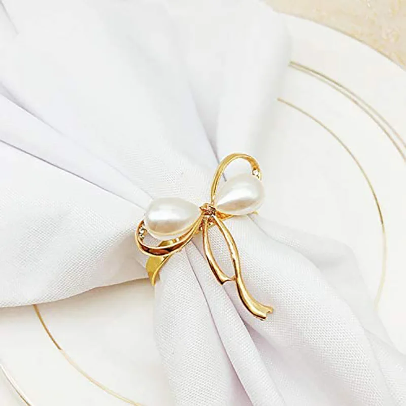 

15Pcs/Lot Wedding Napkin Ring Pearl Bow Napkin Buckle Metal Plating Napkin Ring Holiday Party Desktop Decoration